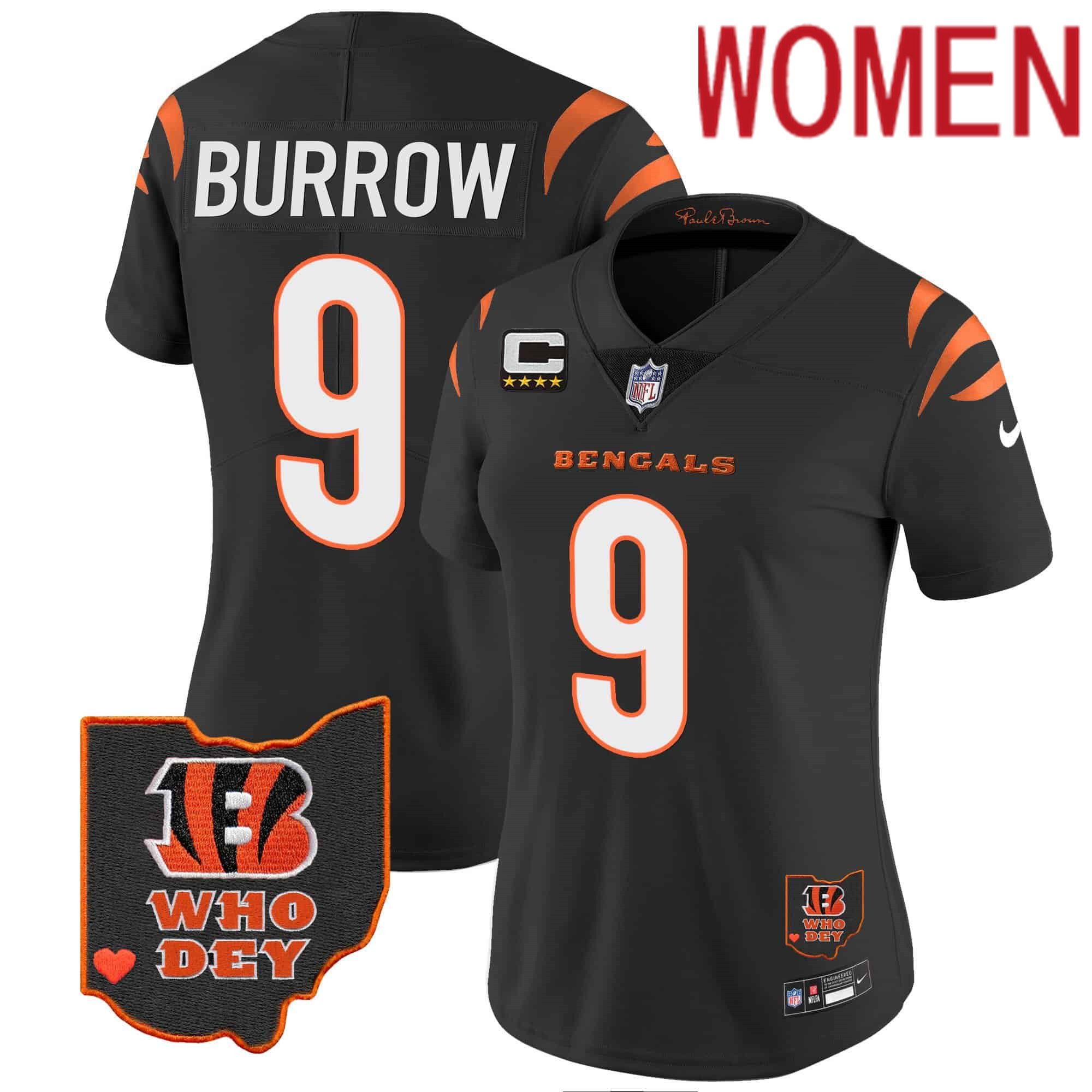 Women Cincinnati Bengals 9 Burrow Black 2024 Nike Patch Vapor Limited NFL Jersey style 1